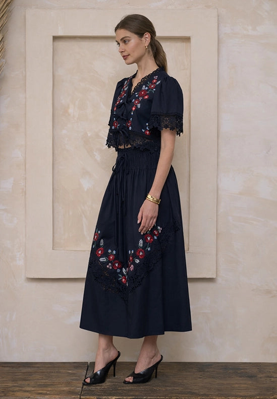 Embroidered Floral Midi Skirt