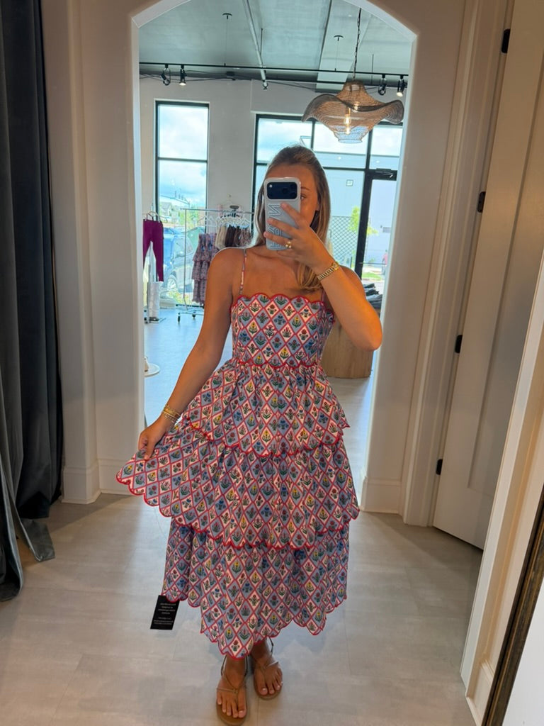 Printed Scallop Sleeveless Tiered Dress