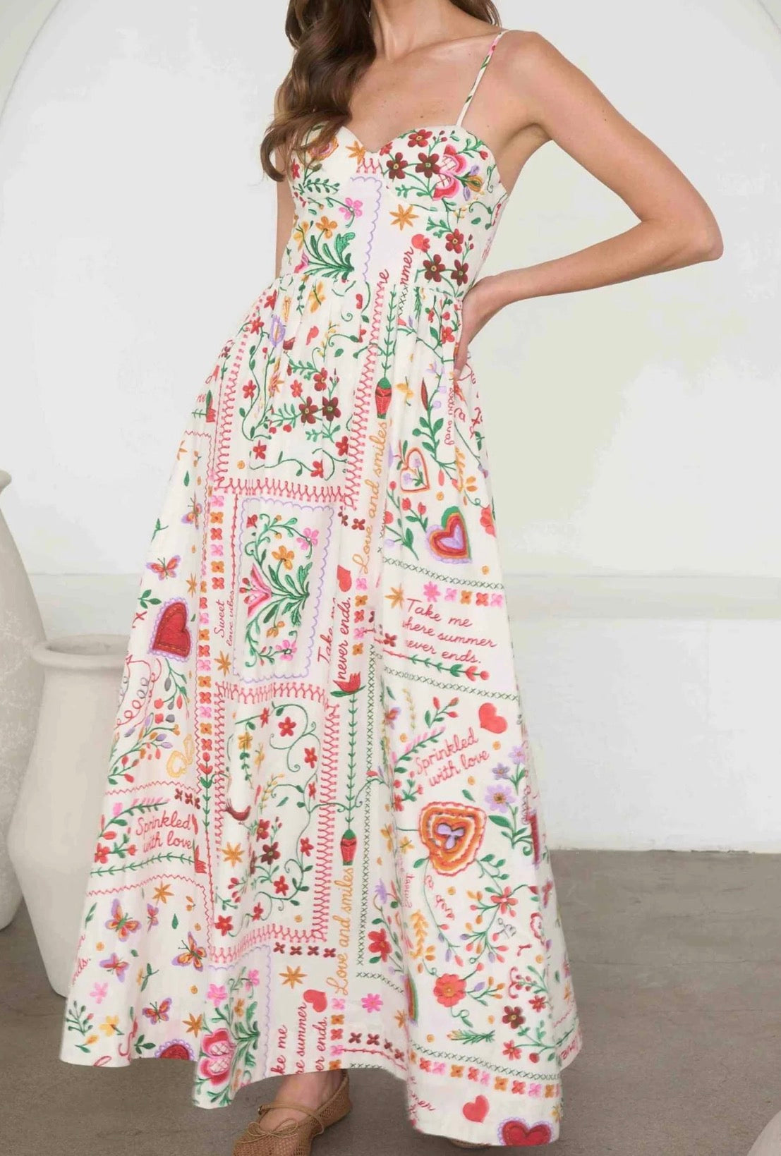 Multi-Color Summer Print Spaghetti Midi Dress