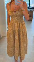 Abstract Embroidery Shirred Midi Dress