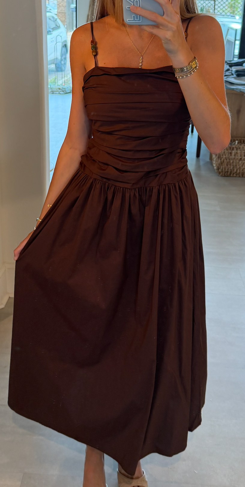Ruched Maxi Dress with Beaded Straps