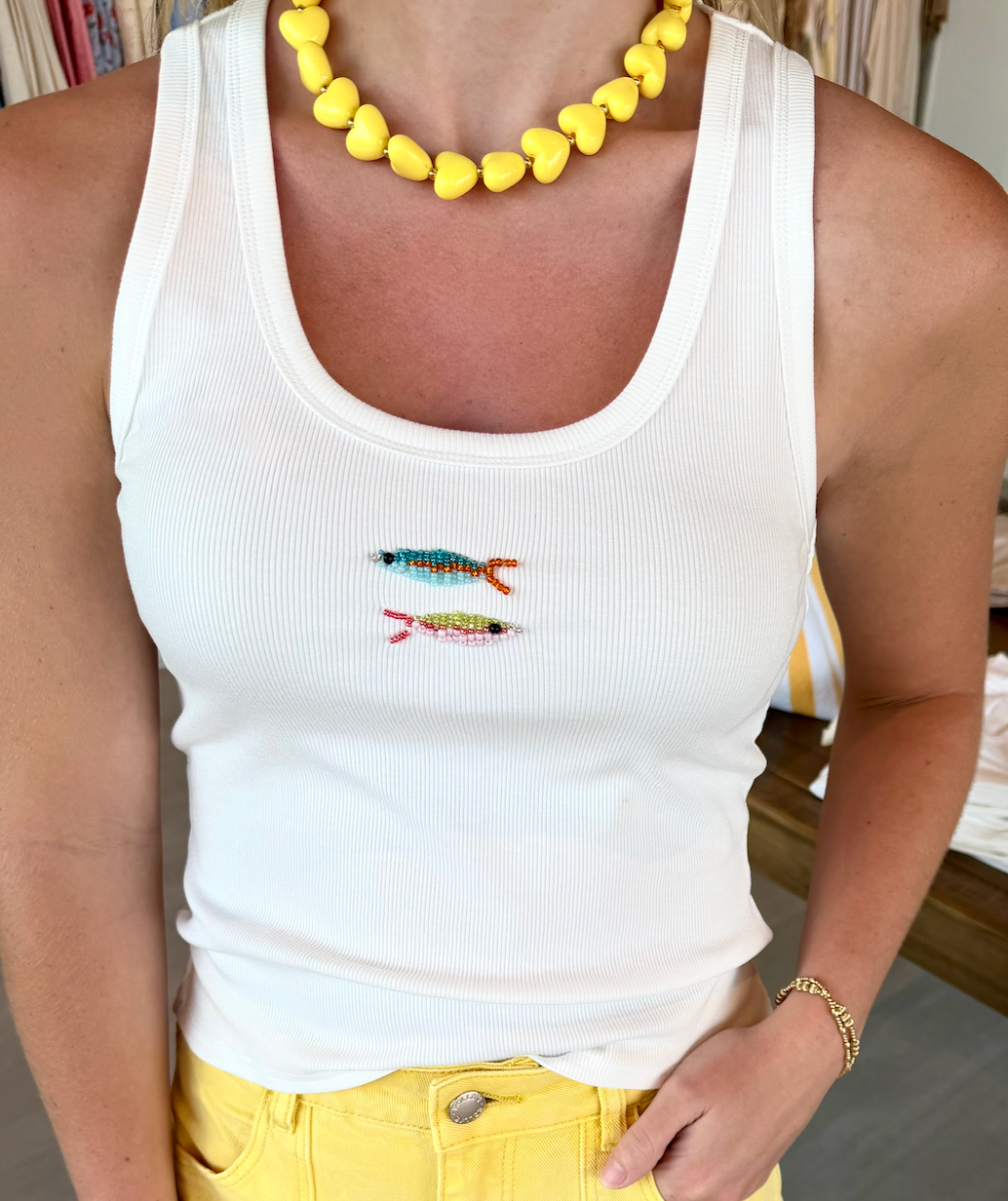 Colorful Fish Beaded Ribbed Tank Top