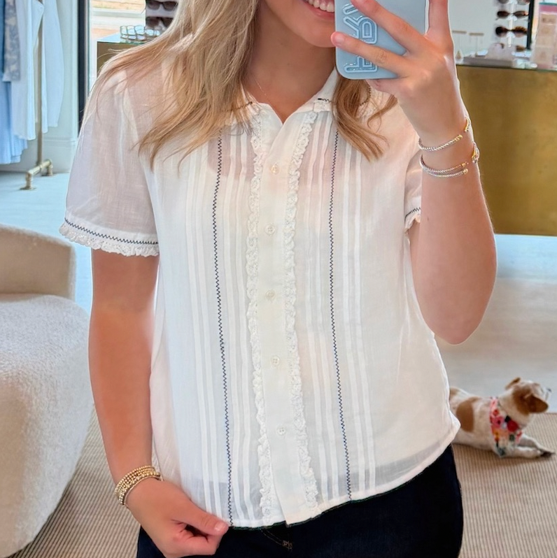 Lace Trim Button-Up Blouse