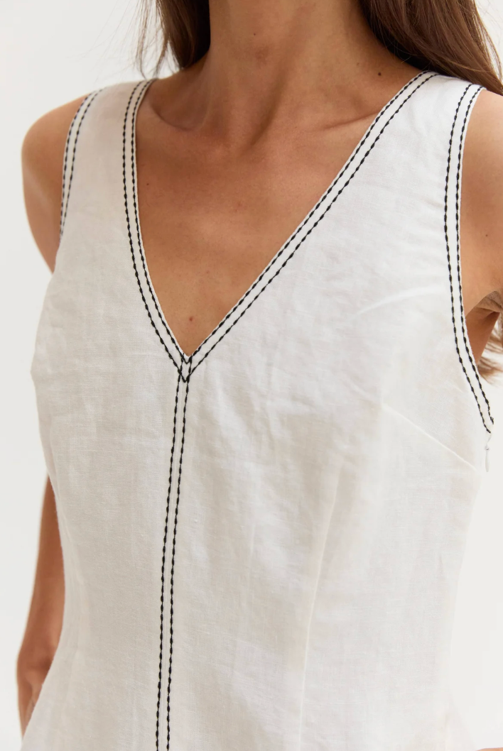 Amara Contrast Stitch V-Neck Linen Mini Dress