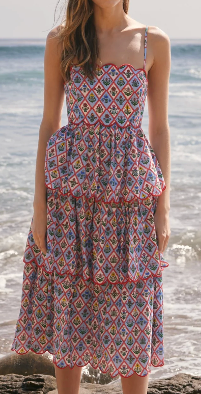 Printed Scallop Sleeveless Tiered Dress