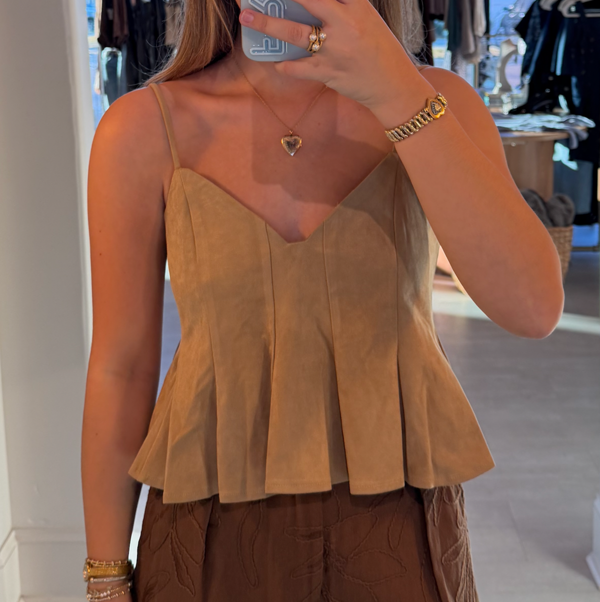 Suede Flared V Neck Top